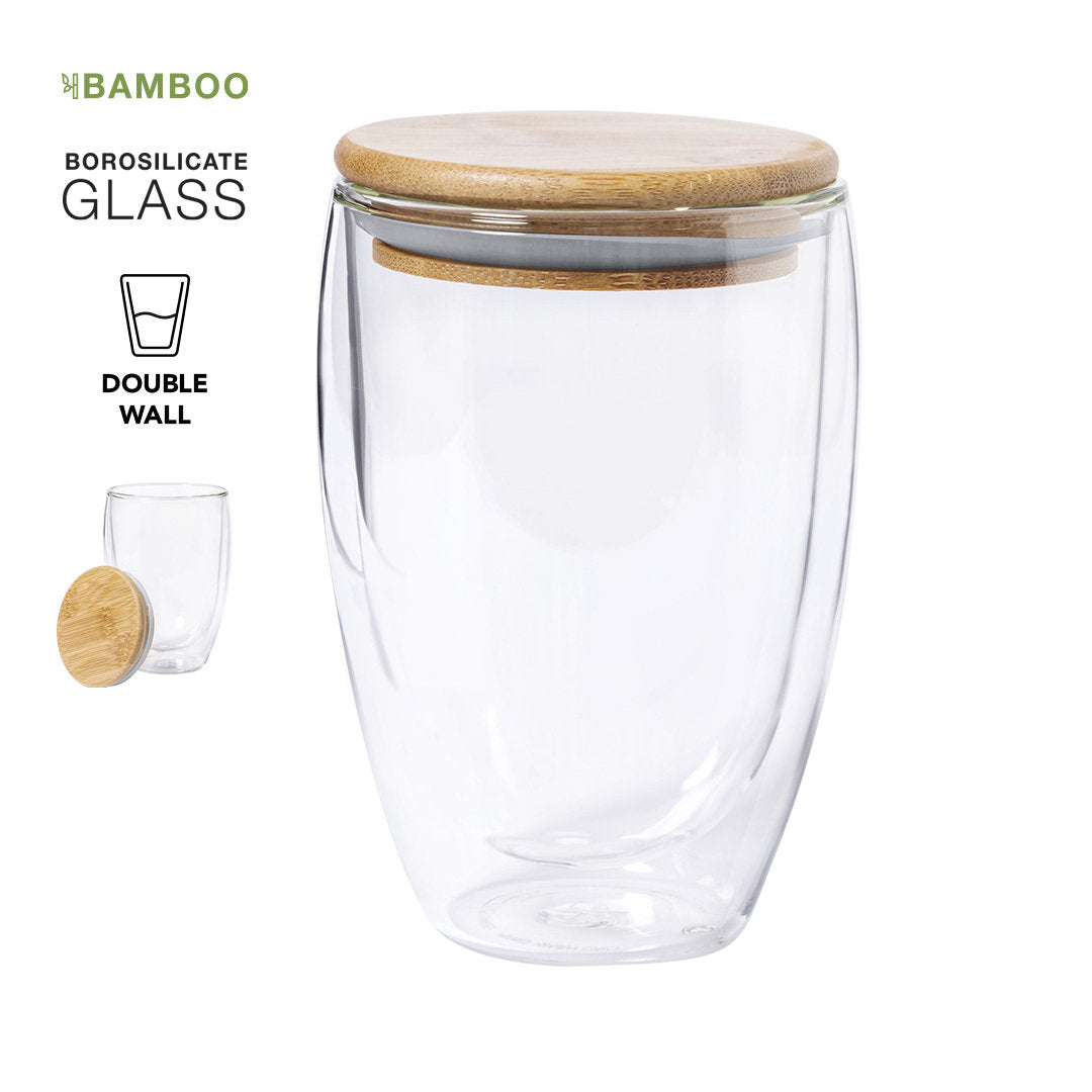 Vaso de vidrio con tapa de bambú 