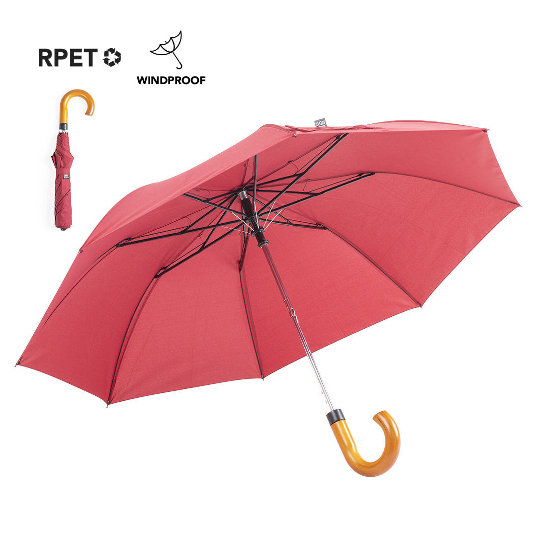 Paraguas Plegable Automático Antiviento y Ecológico de Ponge rPET Reciclado  para Publicidad Mango Curvo de Madera y Funda con Distintivo ECO Branit